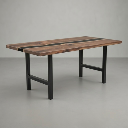 A rectangular wooden table with a dark brown wood grain top featuring a black inlay running lengthwise, supported by a black metal frame base, set against a neutral gray studio background.