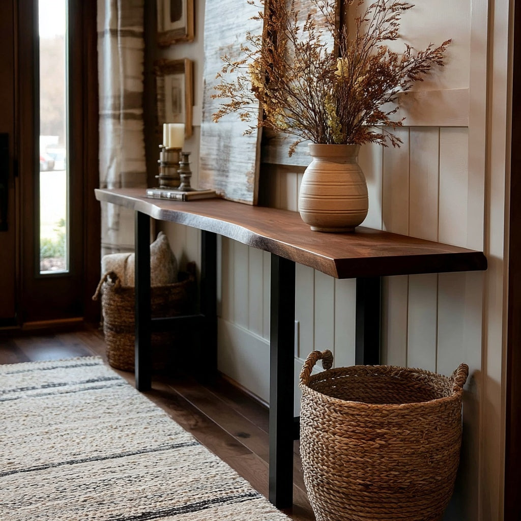 Nook with wooden bench, decorative vase, and baskets against a wall with framed pictures.