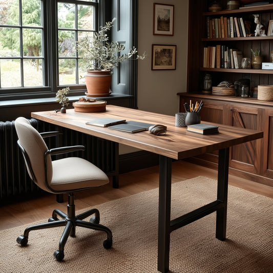 Wooden desk with chair in a home office setting