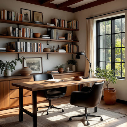 Home office with wooden desk, bookshelves, and large window