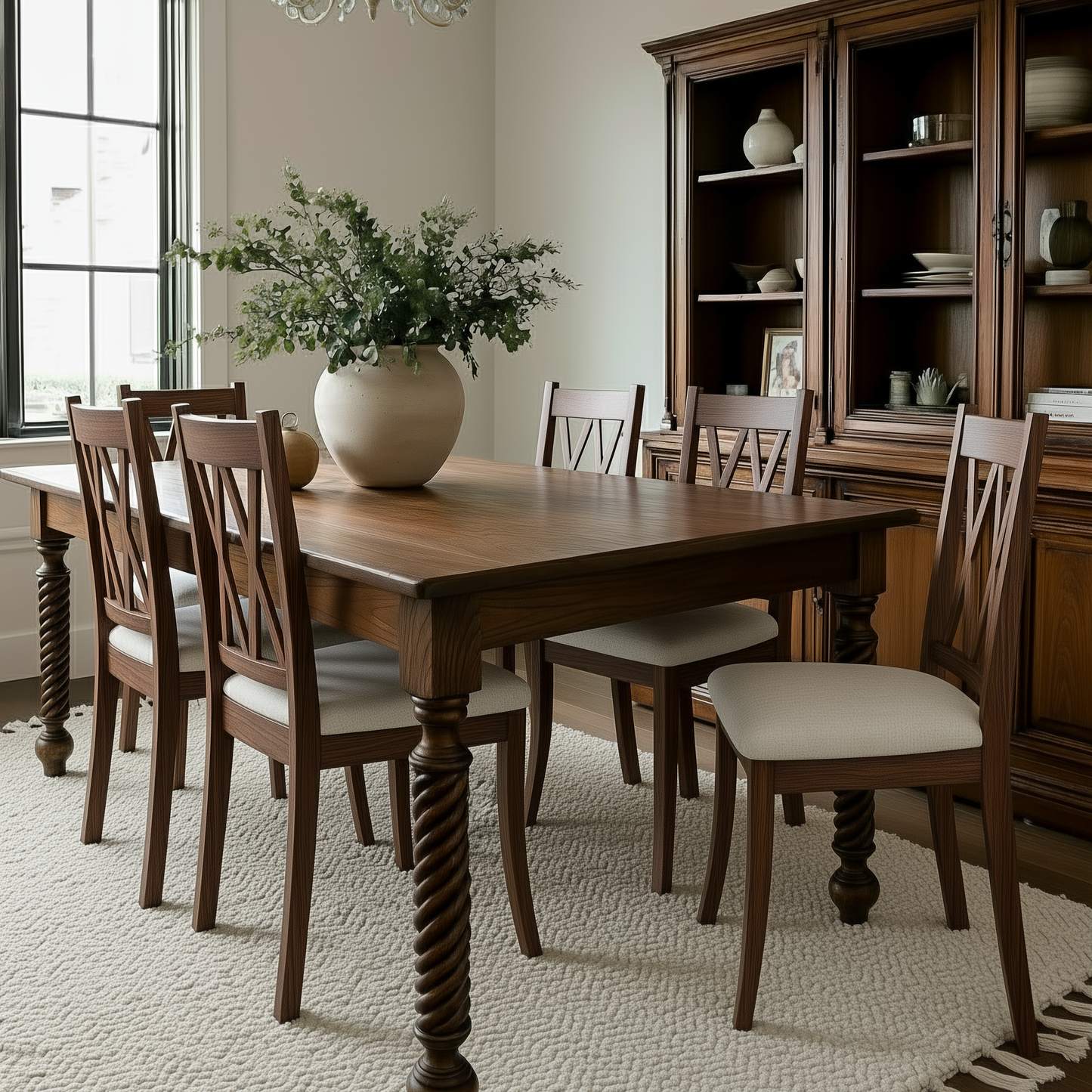 Dining room with wooden table and chairs, large vase with flowers, and wooden cabinet.
