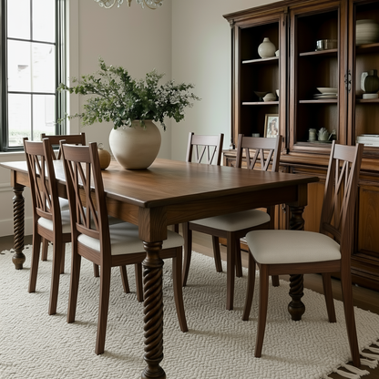 Dining room with wooden table and chairs, large vase with flowers, and wooden cabinet.