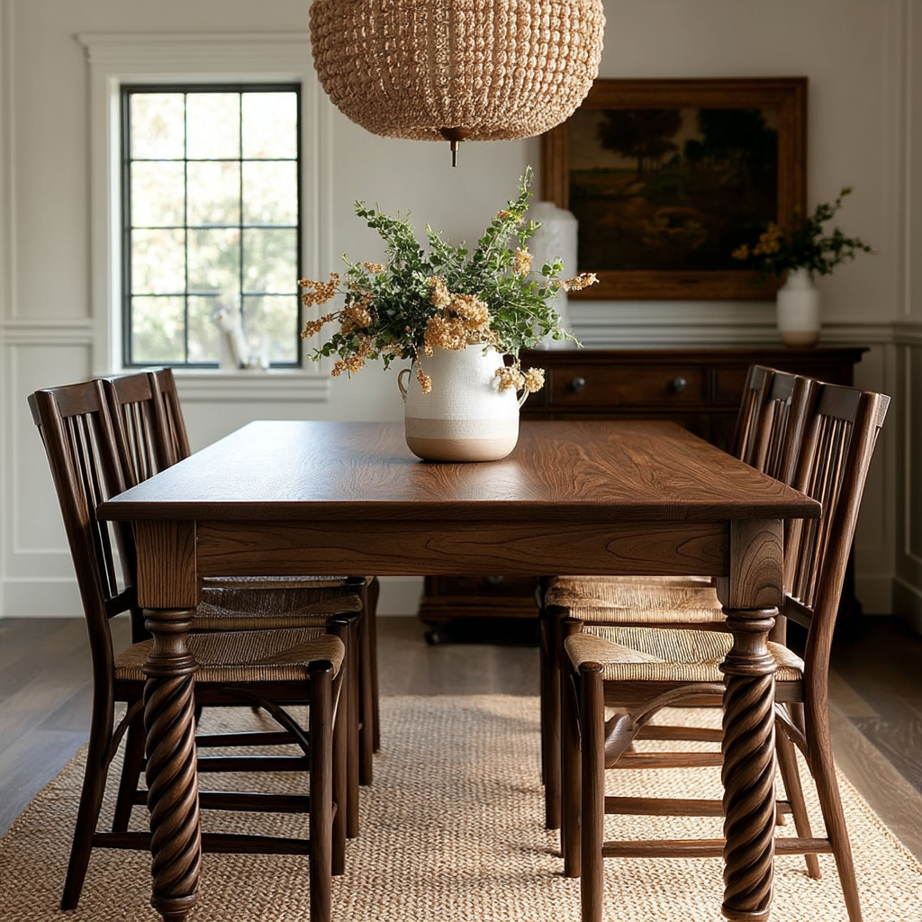 Wooden dining table with chairs in a room with a textured rug and decorative elements.