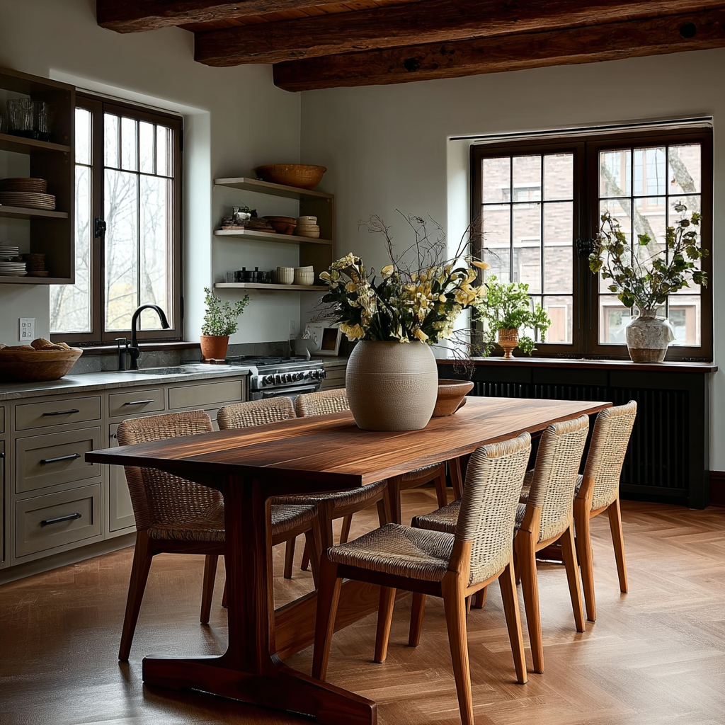Modern kitchen with wooden dining table and chairs, large windows, and decorative plants.