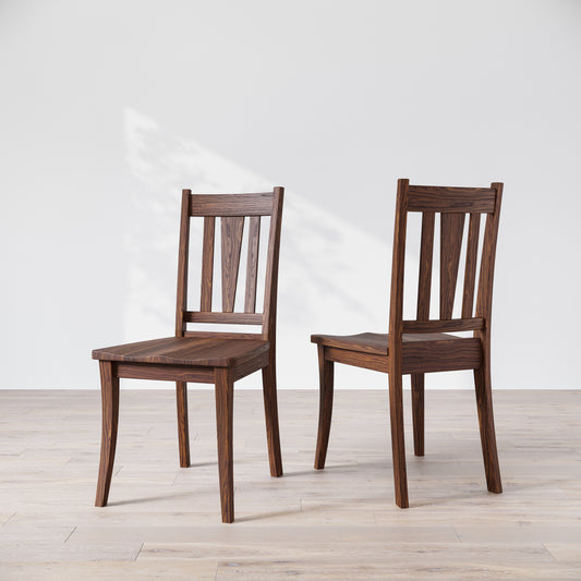 Two wooden dining chairs with a brown finish, showcasing a slatted backrest and a solid seat, placed against a white background.