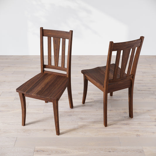 Top down view of two wooden dining chairs with a brown finish, showcasing a slatted backrest and a solid seat, placed against a white background.