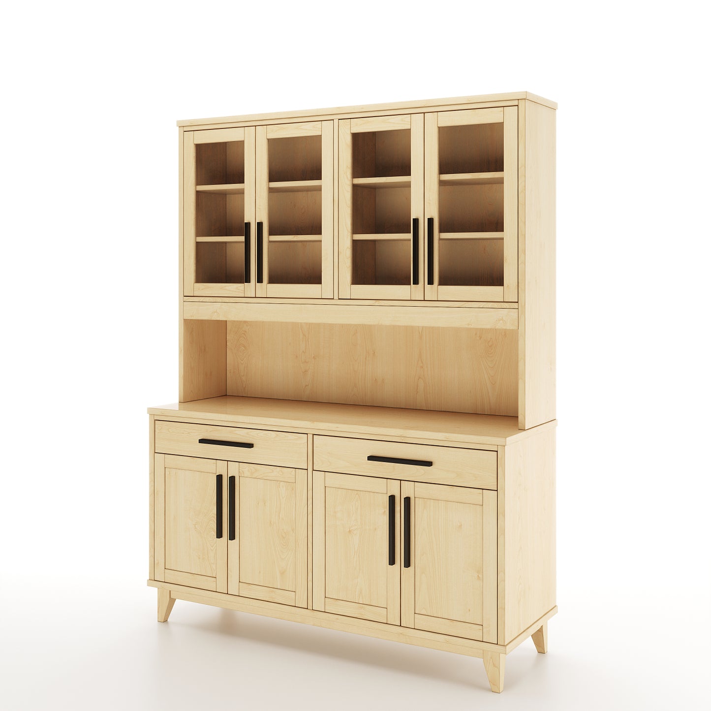Angled view of a maple dining room buffet and hutch featuring 4 solid doors and 4 doors with windows, along with 2 drawers on a white background