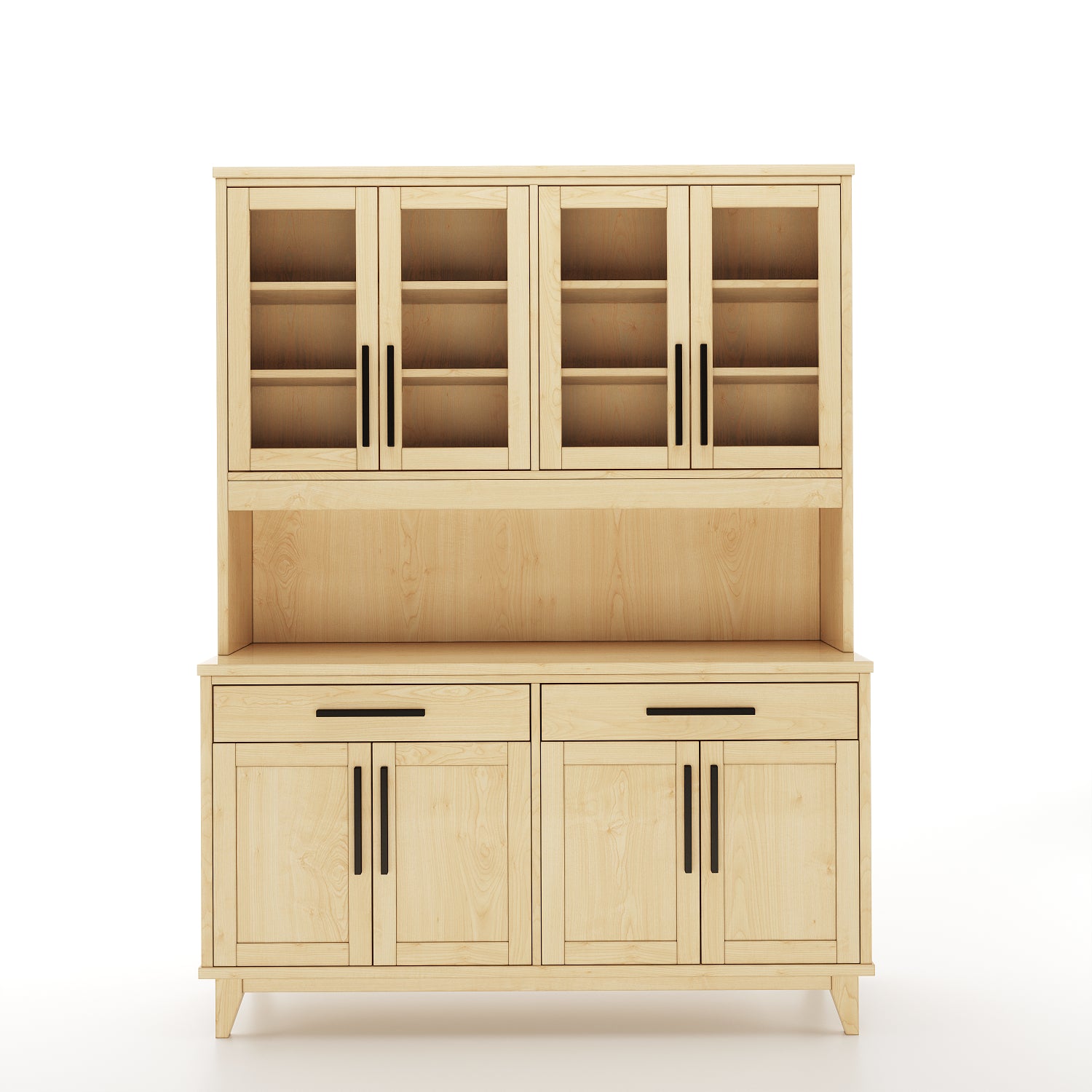 Face view of a maple dining room buffet and hutch featuring 4 solid doors and 4 doors with windows, along with 2 drawers on a white background