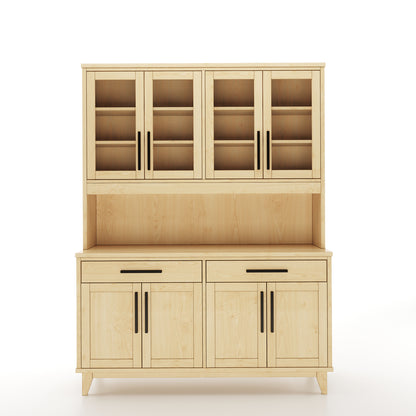 Face view of a maple dining room buffet and hutch featuring 4 solid doors and 4 doors with windows, along with 2 drawers on a white background