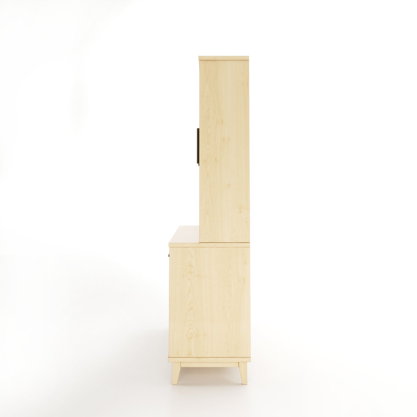 Side view of a maple dining room buffet and hutch featuring 4 solid doors and 4 doors with windows, along with 2 drawers on a white background