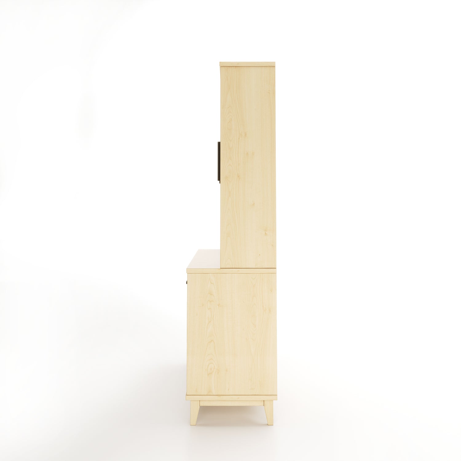 Side view of a maple dining room buffet and hutch featuring 4 solid doors and 4 doors with windows, along with 2 drawers on a white background