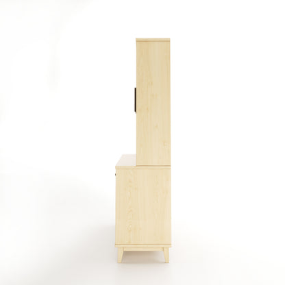 Side view of a maple dining room buffet and hutch featuring 4 solid doors and 4 doors with windows, along with 2 drawers on a white background