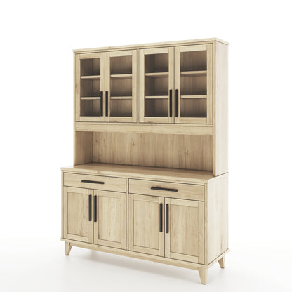 Angled view of an oak dining room buffet and hutch featuring 4 solid doors and 4 doors with windows, along with 2 drawers on a white background