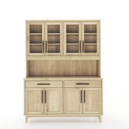 Face view of an oak dining room buffet and hutch featuring 4 solid doors and 4 doors with windows, along with 2 drawers on a white background