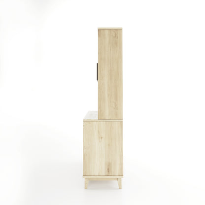 Side view of an oak dining room buffet and hutch featuring 4 solid doors and 4 doors with windows, along with 2 drawers on a white background