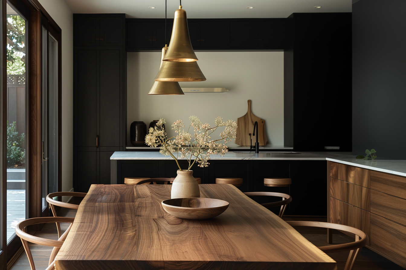 Live edge walnut dining table in a darkly colored dining room with a large window