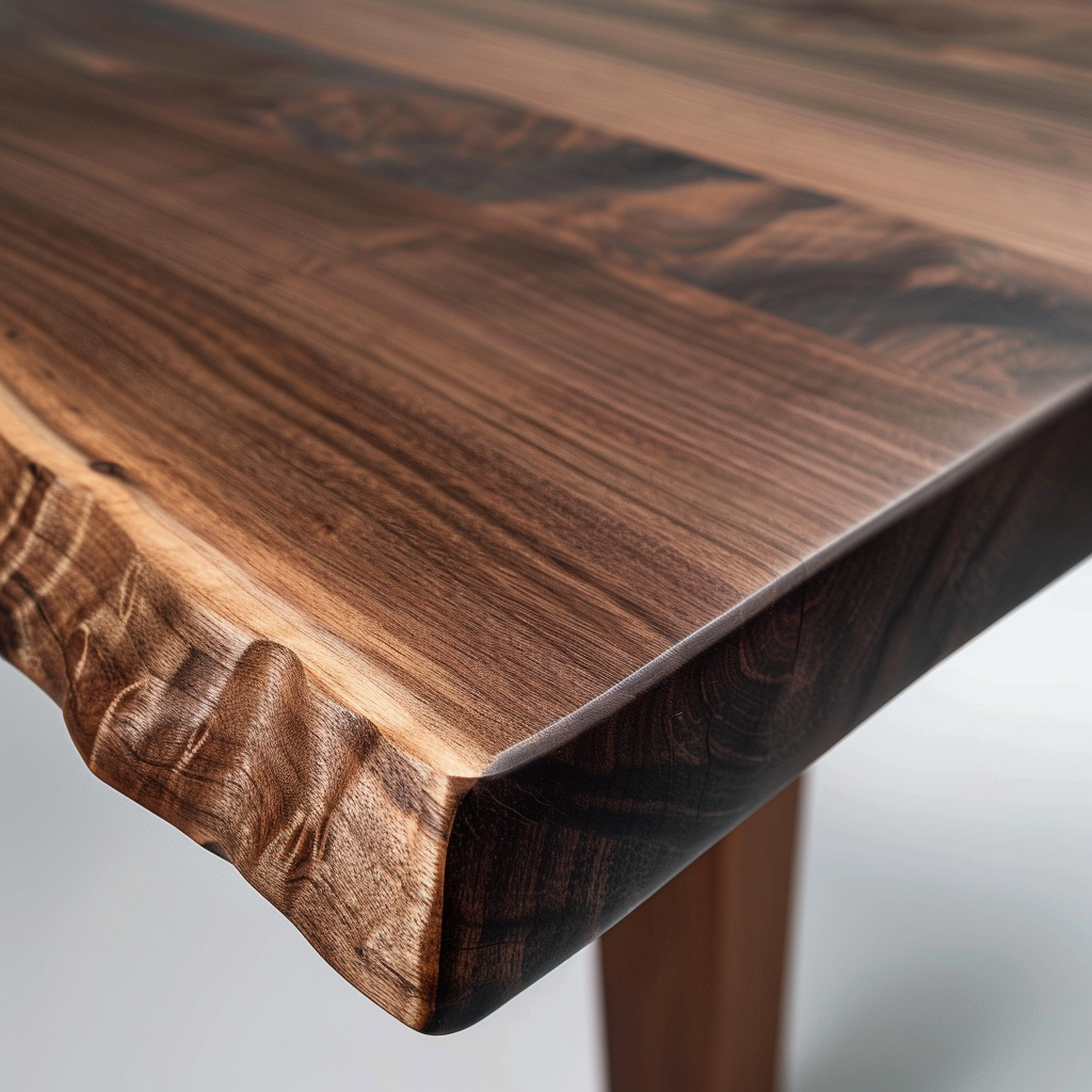 Extreme close up of a live edge walnut dining table corner