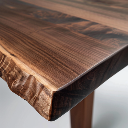 Extreme close up of a live edge walnut dining table corner