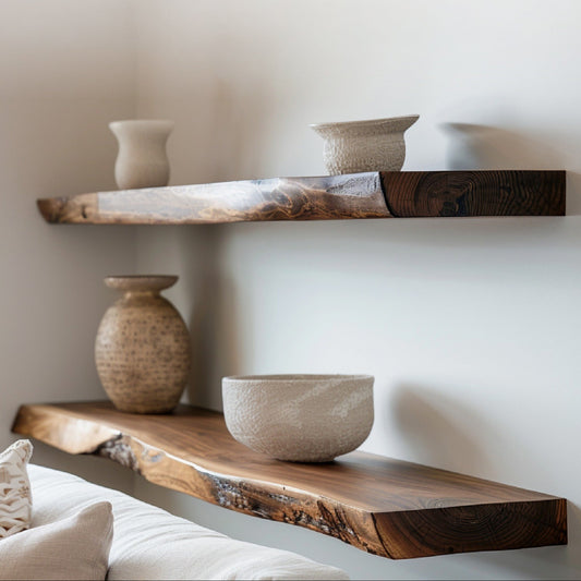 Wooden shelves with ceramic bowls on a neutral wall