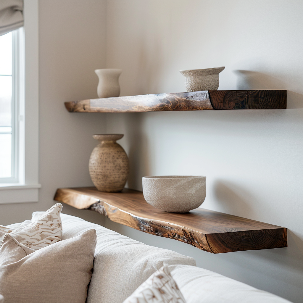 Two floating shelves made of walnut wood with a live edge finish, mounted on a wall above a white sofa, with decorative bowls and vases placed on them.
