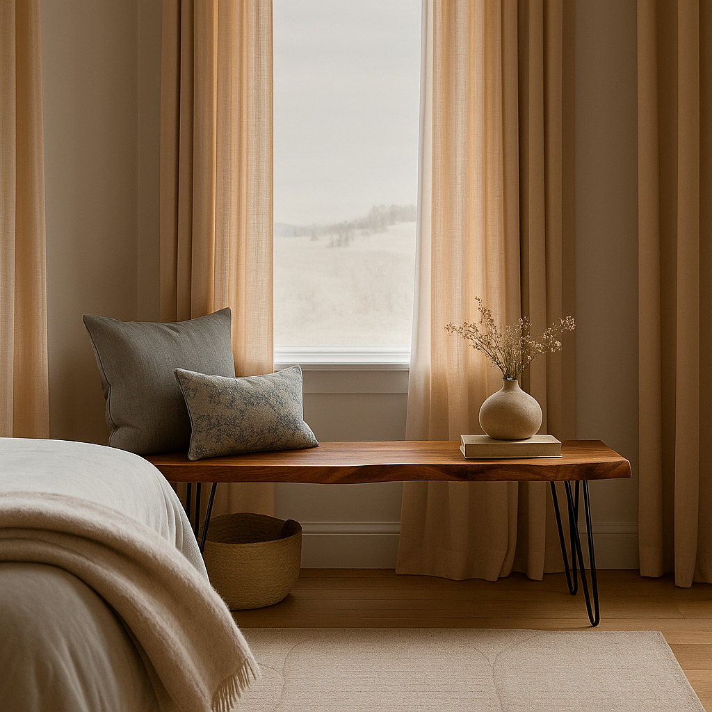 Cozy bedroom with wooden bench, pillows, and a vase by a window with curtains.