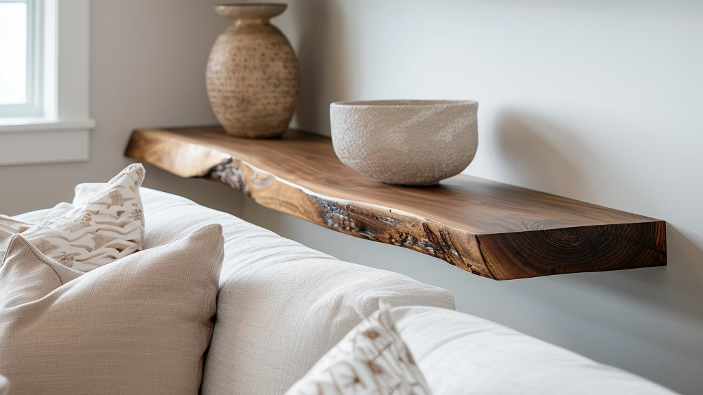 A live edge walnut floating shelf on a white wall in a well lit living room