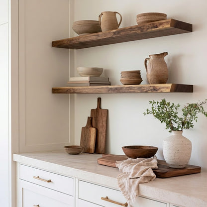 Two rustic dark wood floating shelves mounted on a cream wall above a white kitchen counter, styled with ceramic bowls, pitchers, cutting boards, and a vase of greenery.