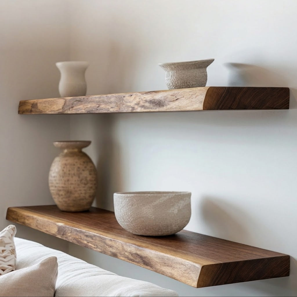 Two floating wooden shelves mounted on a light wall, styled with ceramic vases and bowls above a bed.
