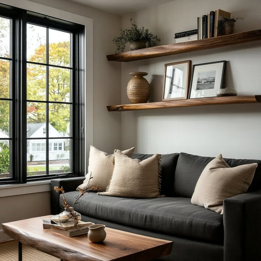 Wooden shelves with decorative items in a room with a window.