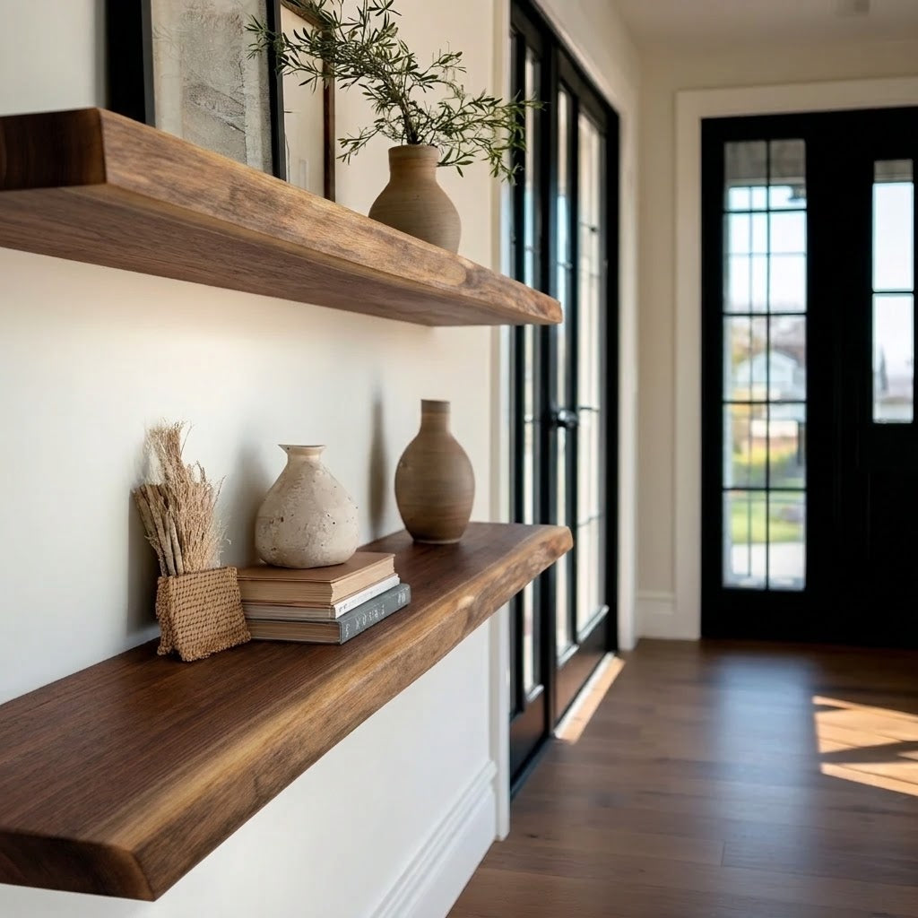 Two floating wooden floating shelves mounted on a white wall in a modern home entryway, styled with ceramic vases, books, and a potted olive branch, with a black double door in the background.