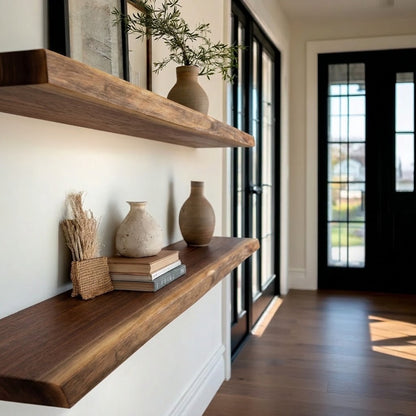 Two floating wooden floating shelves mounted on a white wall in a modern home entryway, styled with ceramic vases, books, and a potted olive branch, with a black double door in the background.