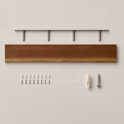 Wooden wall shelf bracket kit with a medium brown wood plank, silver metal mounting bar and screws, and white wall anchors on a light beige background.