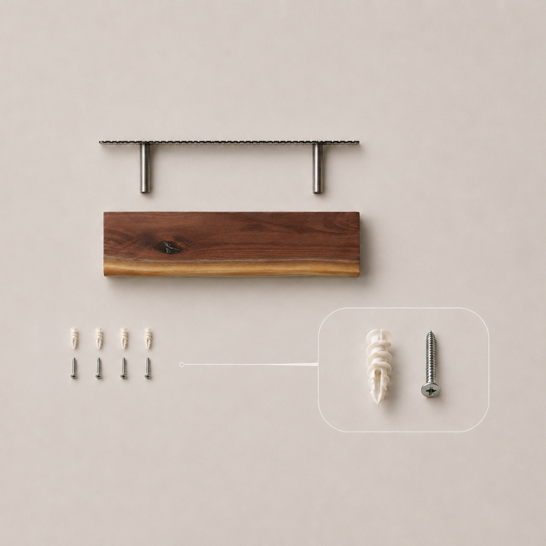 A wall-mounted wooden shelf with a dark brown wood grain panel and two silver metal brackets, shown on a light beige background with included mounting hardware and a close-up inset of the wall anchors.