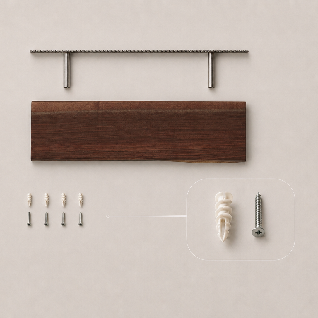 A flat-lay product shot of a wall-mounted wooden shelf bracket kit on a light beige background. The kit includes a dark brown wooden shelf board, a silver metal mounting bar with two vertical brackets, four silver screws, and a white plastic wall anchor, with a circular inset showing a close-up of the wall anchor and screw.
