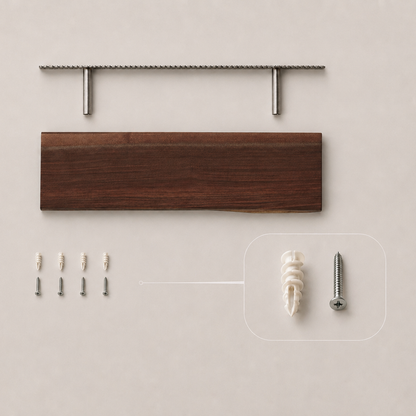A flat-lay product shot of a wall-mounted wooden shelf bracket kit on a light beige background. The kit includes a dark brown wooden shelf board, a silver metal mounting bar with two vertical brackets, four silver screws, and a white plastic wall anchor, with a circular inset showing a close-up of the wall anchor and screw.