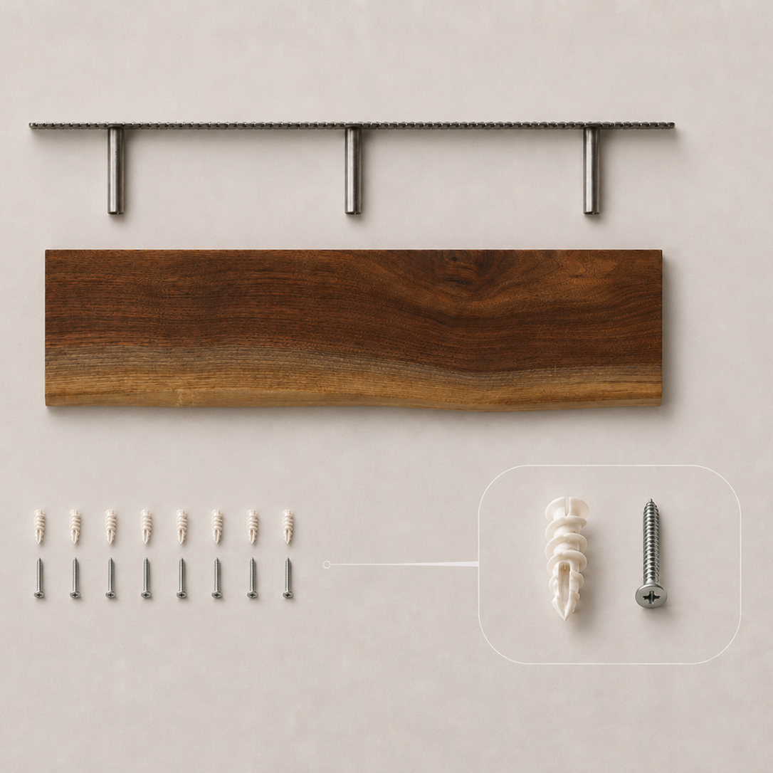 A wall-mounted wooden shelf display with a long rectangular wood plank, a metal mounting rail with three vertical supports, several wall anchors, and a close-up inset showing the anchor hardware.