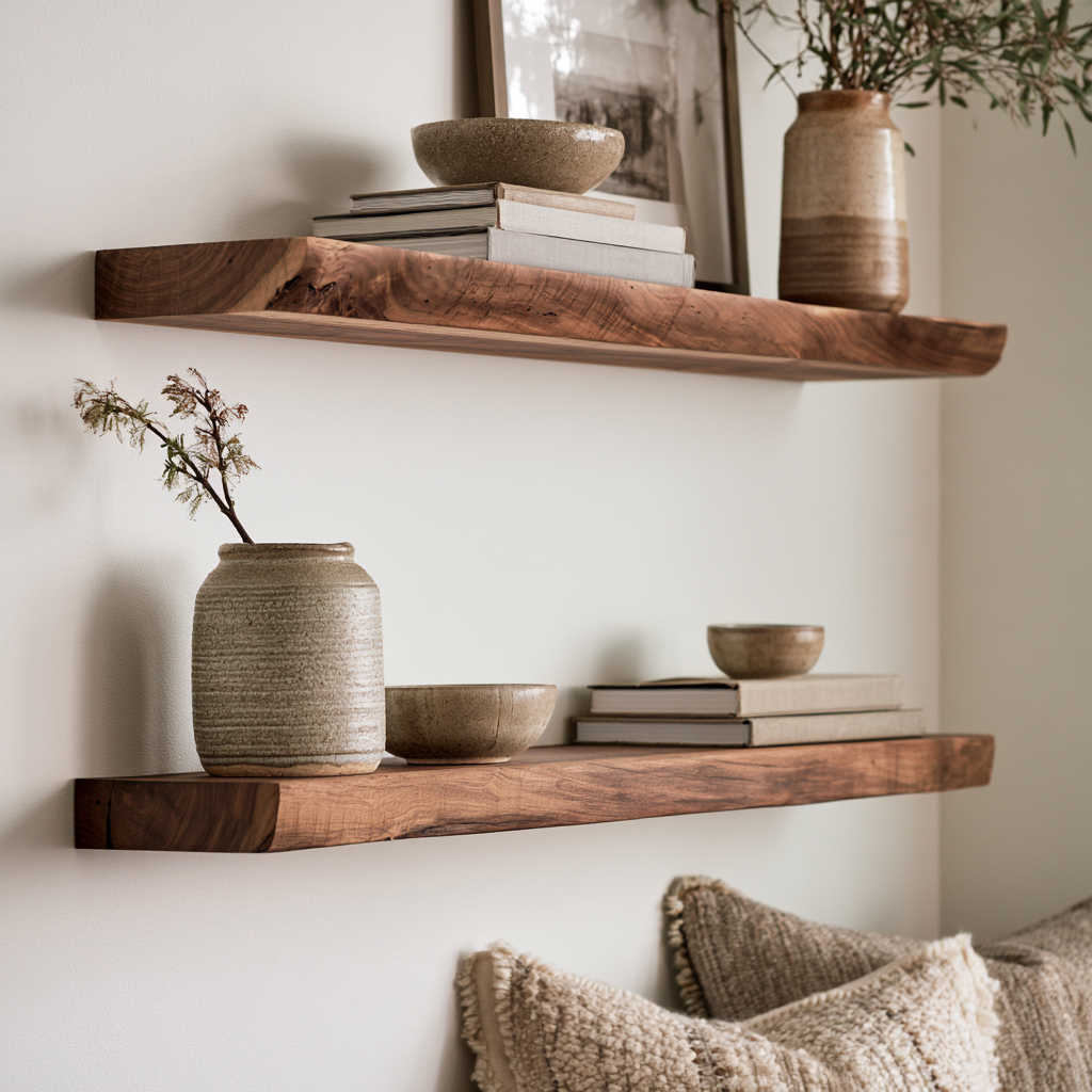 Two rustic floating wooden shelves mounted on a white wall, styled with ceramic vases, books, bowls, and framed art in a cozy interior setting.