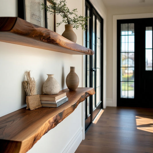 Wooden shelves with decorative items in a room with a door and window.