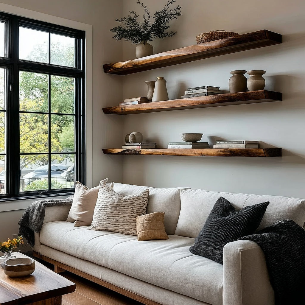 Wooden shelves with decorative items in a room with a window.