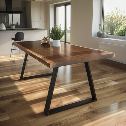 Wooden dining table with black metal legs in a modern kitchen setting