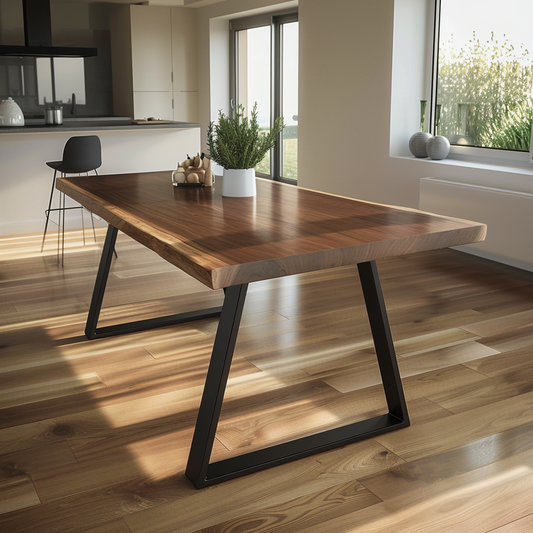 Wooden dining table with black metal legs in a modern kitchen setting