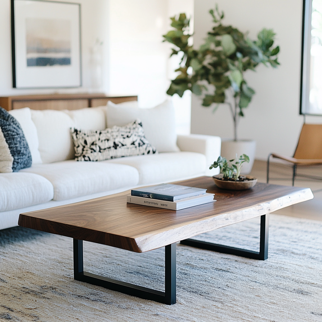A live edge walnut coffee table with U shaped legs in a well-lit living room with a white couch and grey rug
