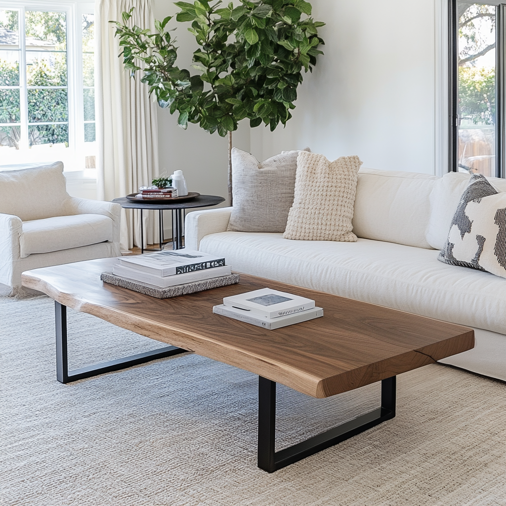 A live edge walnut coffee table with a black metal base, situated in a living room setting with a white sofa and decorative pillows.