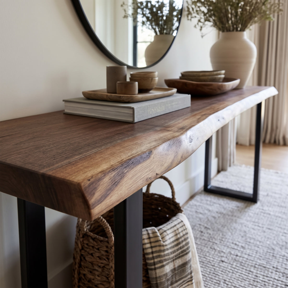 A rustic live-edge wooden console table with black metal legs, styled in a bright, modern room with home decor accessories.