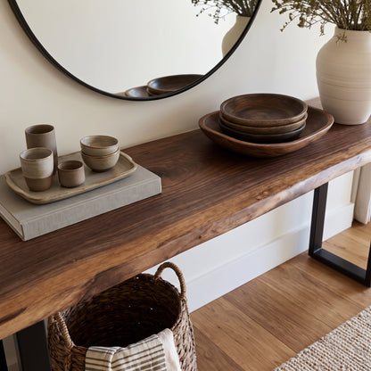 A dark wood console table in a styled home entryway, decorated with ceramic bowls, plates, a large round mirror, and a woven basket on the floor.