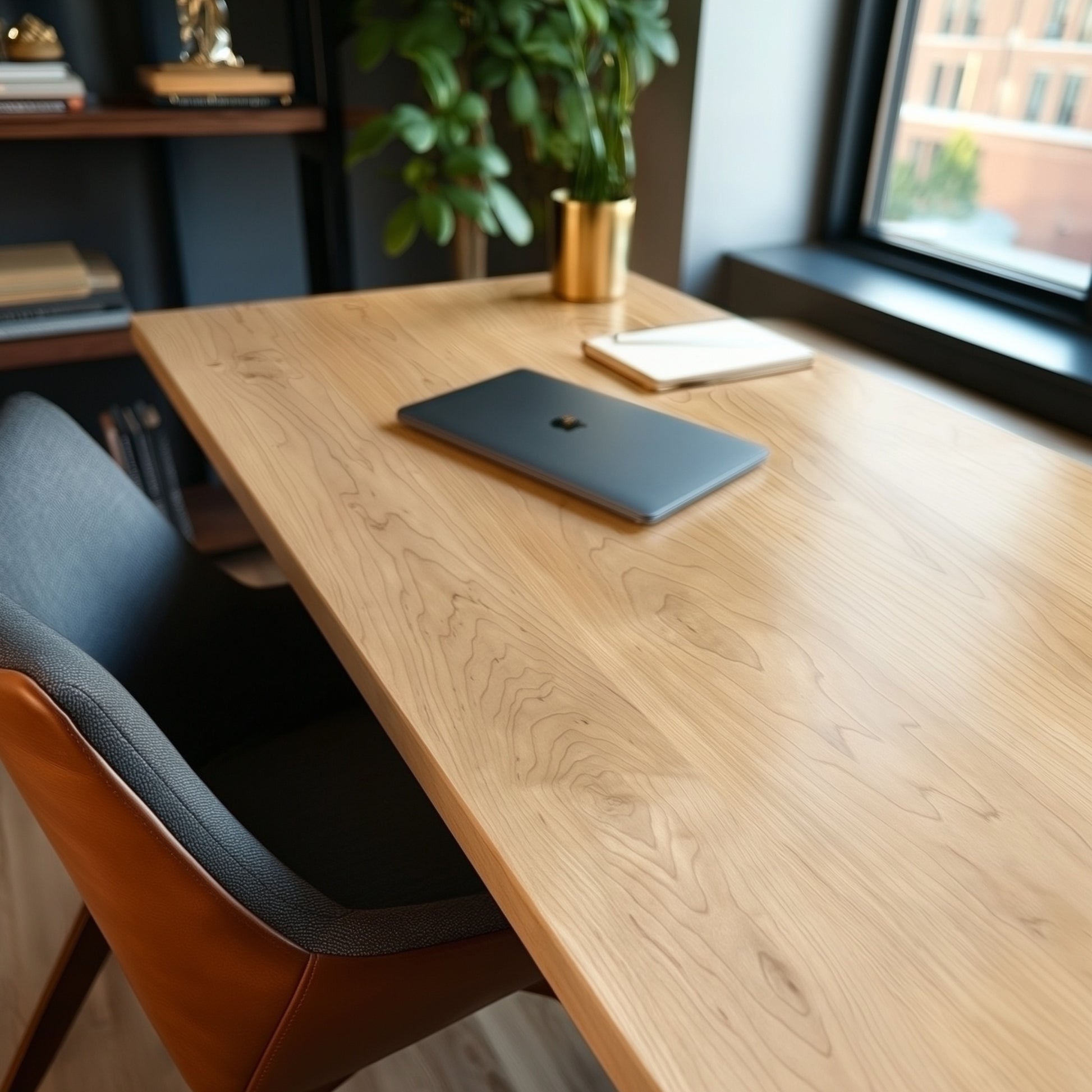Top down view of a light colored wood desk in a home office next to a large window.