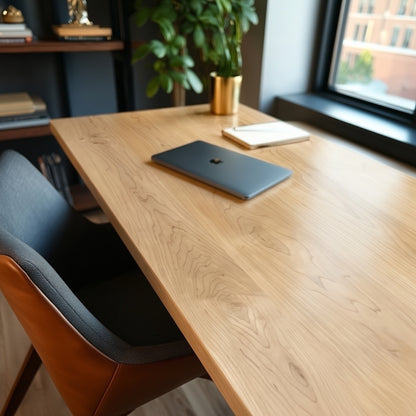 Top down view of a light colored wood desk in a home office next to a large window.