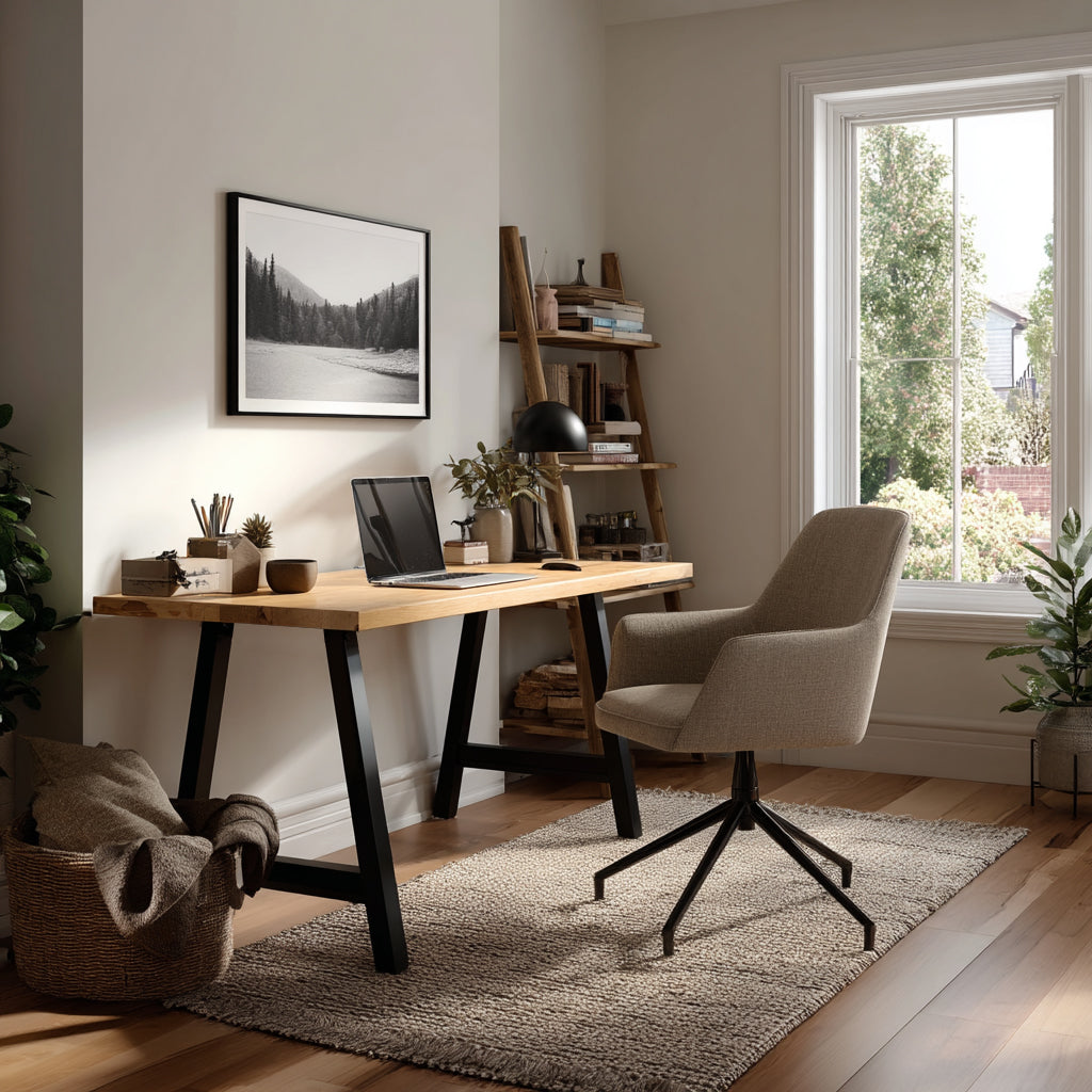 Home office with wooden desk, chair, and decor