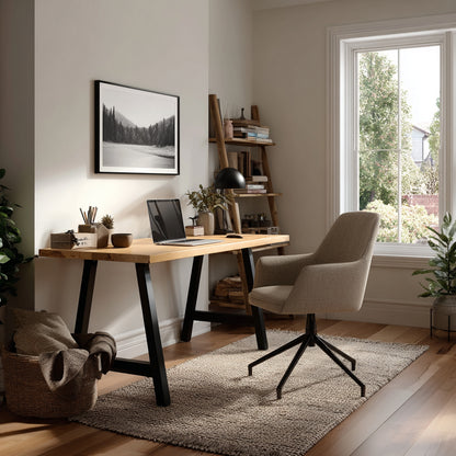 Home office with wooden desk, chair, and decor