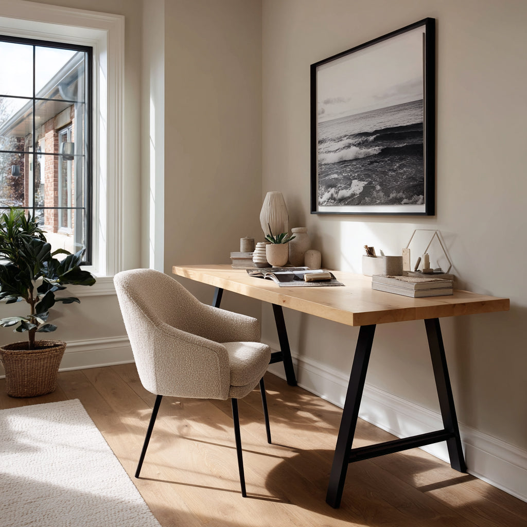 Home office with wooden desk, chair, and framed artwork on a wall.